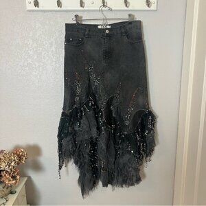 Vintage Rossi Roma Y2K Asymmetric Embellished Denim Skirt